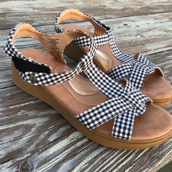 Land End Ginghams Black White Plaid Velcro Straps Summer Women Sandals - Picture 3 of 8